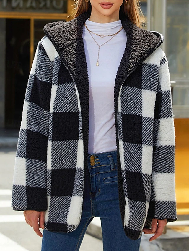 Women's Fleece Jacket Teddy Coat Hoodie Jacket Warm Breathable Pocket Fleece Lined Casual Plaid Vacation Street Daily Wear Going out Open Front Regular Hoodie Regular Fit Long Sleeve Outerwear Black 10