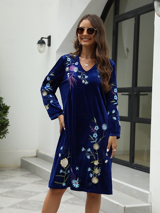 robe décontractée pour femme robe midi brodée avec manche saint valentin travail rendez-vous élégant basique col en V manches longues manche évêque couleur bleue