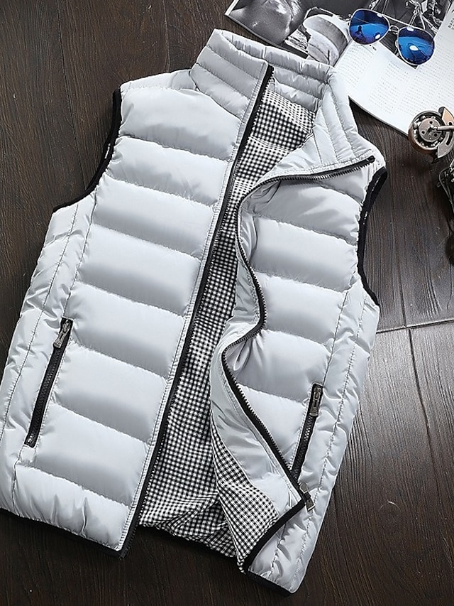  Herren Puffer Weste Weste Täglich Verabredung Urlaub Modisch Brautkleider schlicht Herbst Winter Tasche Polyester warm halten Komfortabel Glatt Gesteppt Reisverschluss Ständer Regular Fit Schwarz