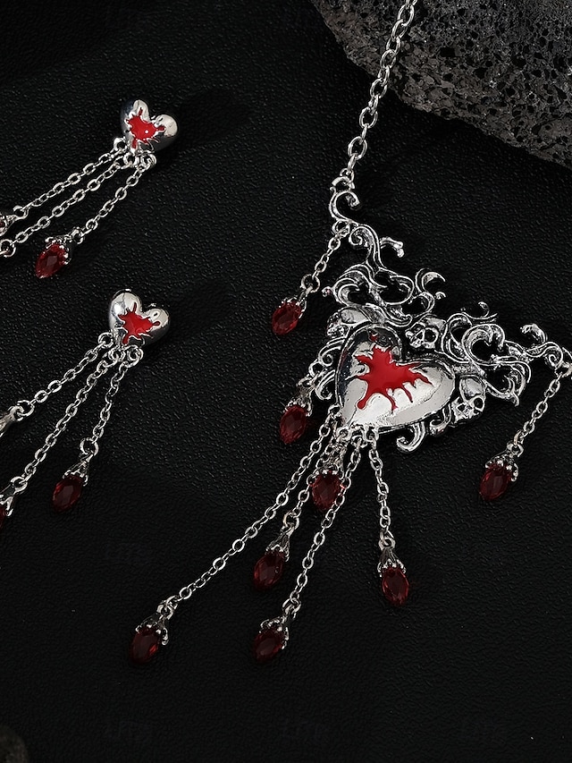  Gotische schedelhartketting en oorbellen met rode kristallen druppels - Halloween-statementsieraden voor cosplay en speciale evenementen