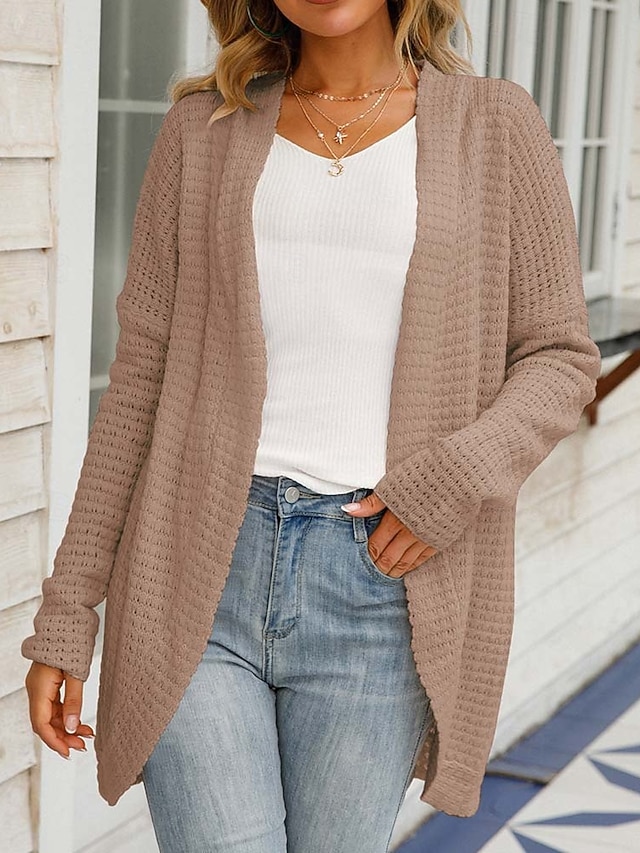  Dames Trui Vest Dagelijks Casual Effen Kleur Open voorzijde Gebreid Lange mouw Lange tops breien Huis Werk Khaki Lichtgrijs Herfst Winter