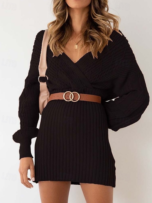  robe pull femme quotidien élégant couleur unie col en V col en V manches évêque manches longues hauts réguliers tricot formel extérieur noir rouge automne hiver