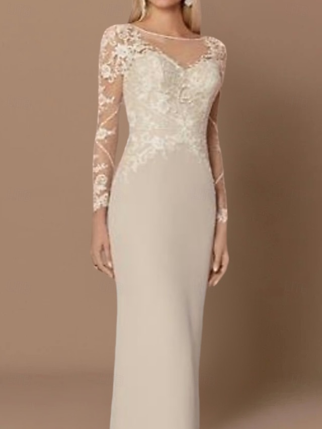  Robe de mère de la mariée en silhouette ajustée pour invitée de mariage élégante transparente col bijou longueur sol dentelle manches longues avec appliques taille personnalisée gratuite