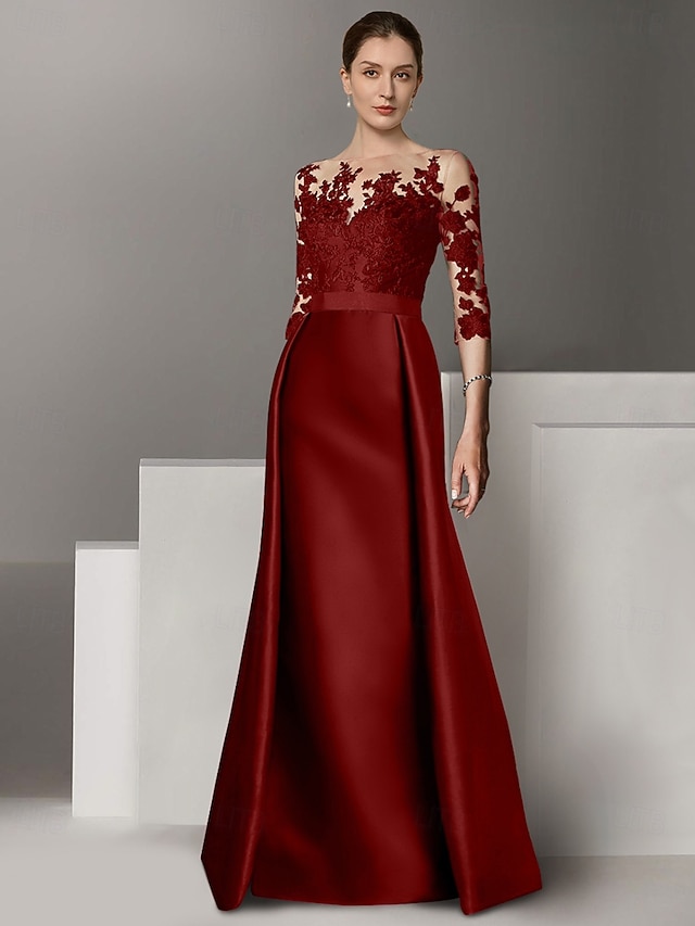  Vestido de Festa A-Line Elegante Vestido Convidada de Casamento Cauda de Varredura  Escova Manga Longa Decote Redondo Satin Stretch com Apliques