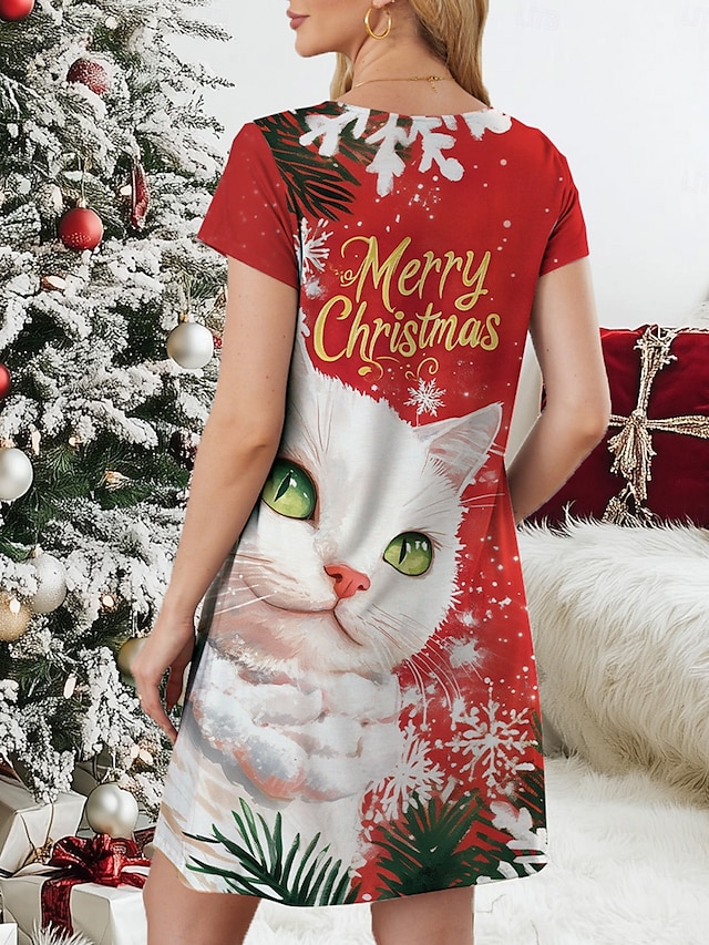 Women's Christmas Dress VNeck Short Sleeve Cat Graphic Print Festive