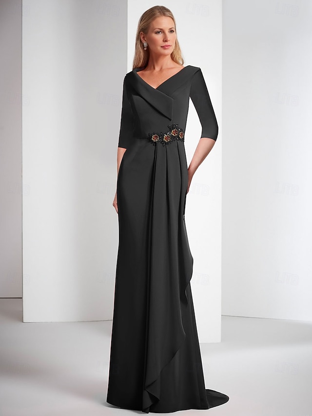  Sheath večerní šaty elegantní šaty formální dlouhé s 3/4 rukávem V výstřihem strečový crepe s třpytivými volánky