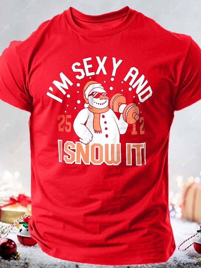  Weihnachts-T-Shirt für Herren, lustiges Weihnachts-T-Shirt mit Schneemann-Buchstabenaufdruck, schwarz, rot, dunkelblau, Grafik, 100 % Baumwolle, sportlich, klassisch, kurzärmlig, bequemes T-Shirt,