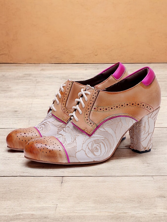  Scarpe Oxford con tacco a heeled lace-up floreali vintage Gatsby - design brogue in pelle con accenti rosa per stili retro e chic
