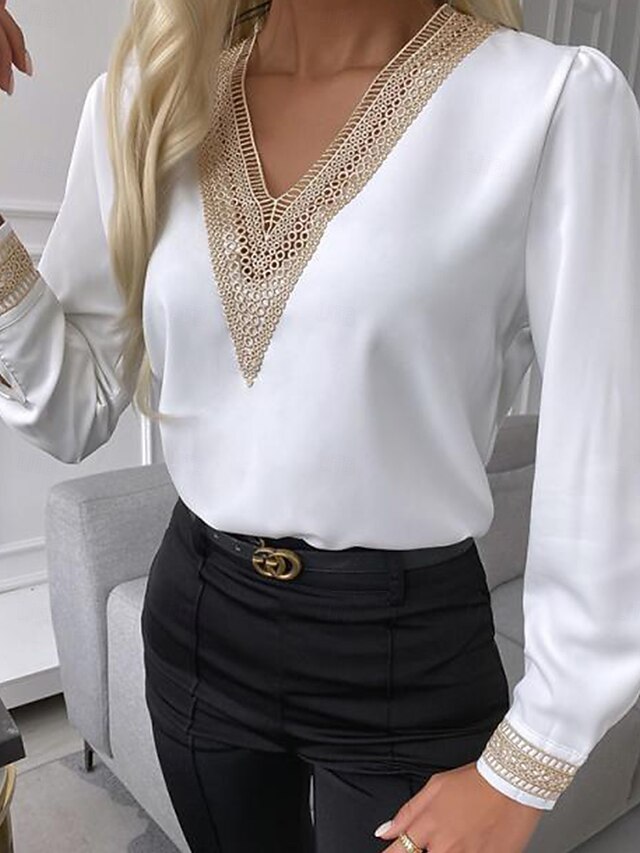 Women's Shirt Blouse Lace White Shirt Daily Work Stylish Modern Long Sleeve Black Spring Fall 6