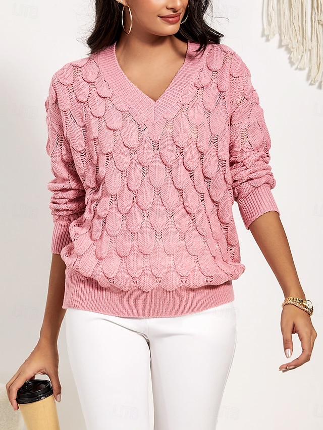  Damen Pullover Elegant Modisch Täglich Blumen V Ausschnitt Ausgehöhlt Langarm Normale Oberteile Stricken Arbeit Rosa Rote Herbst Winter