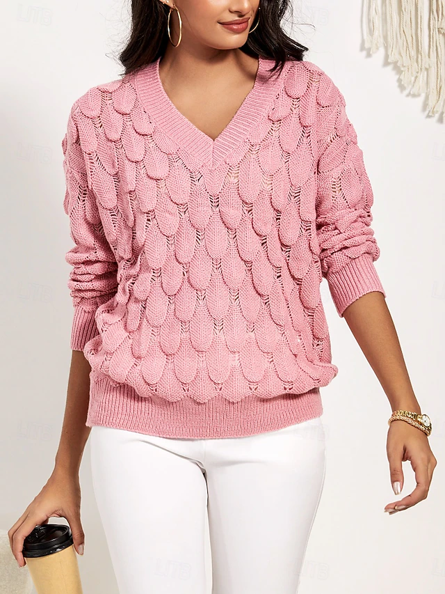 Women's Sweater Elegant Fashion Daily Floral V Neck Hollow Out Long Sleeve Regular Tops Knit Work Pink Red Fall Winter 7