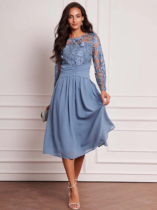 Women's Wedding Guest Dress Vintage Dress Midi Dress Ruched Mesh Elegant Cocktail Dresses Casual Crew Neck Long Sleeve Blue Color 7