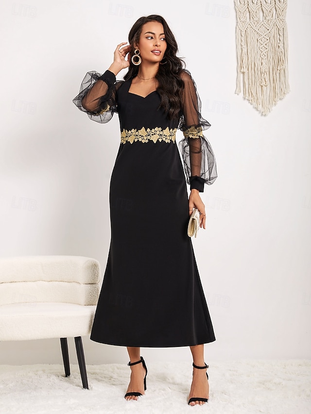  A-Linie Abendkleid Elegantes Kleid Hochzeit Valentinstag Knöchellang Langarm V-Ausschnitt Baumwollgemisch mit Applikationen