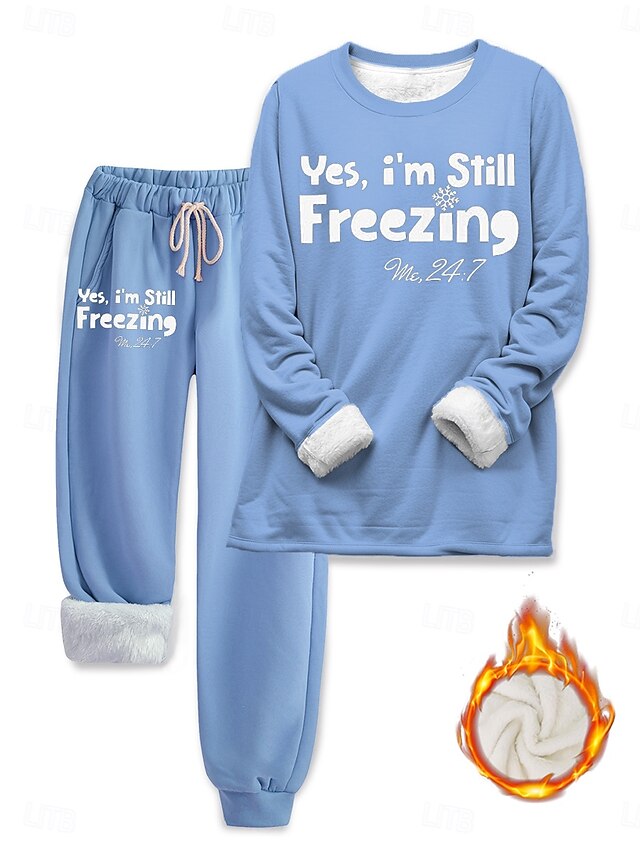 Women's Fluffy Pyjama Set Long Sleeve Top and Pant Text Print Comfort
