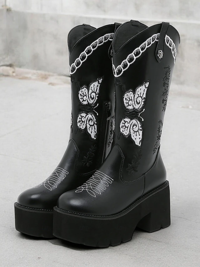 Women's Black Platform Western Cowboy Boots – Embroidered Butterfly Design with Chunky Heel and Side Zipper for Vintage and Modern Styling 17