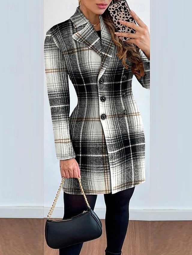 Women's Overcoat Thickened Button Down Winter Lattice Print Lapel Coat for women 7