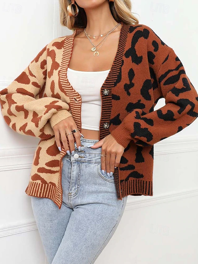 Women's Cardigan Fashion Daily Casual Leopard Color Block Print Open Front Knitted Long Sleeve Regular Tops Knit Formal Home Red Brown Fall Winter 11