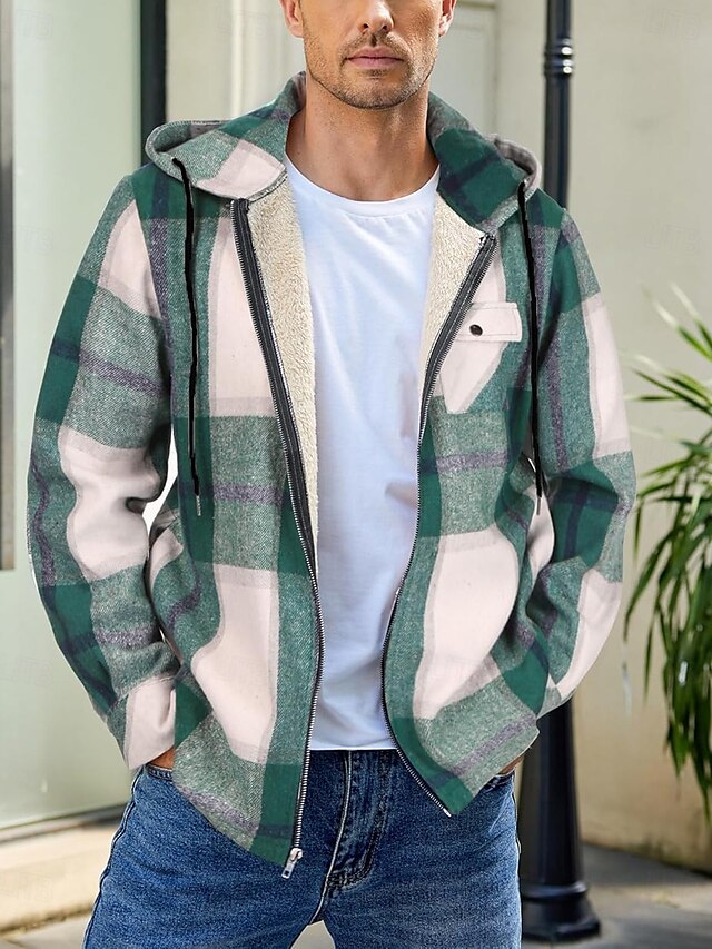  Herren Hemdjacke Kapuzenjacke Shacket Flanell-Fleecejacke Täglich Urlaub warm Mit Kapuze Herbst Winter Schottenstoff Kariert Modisch Strassenmode Kargen Standard Schwarz Dunkelrot Hellgrün Rote Blau