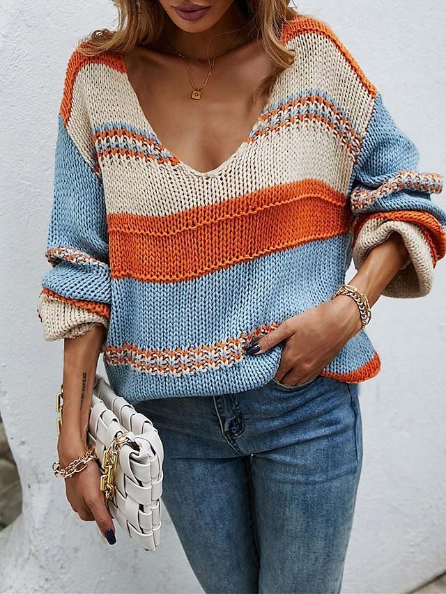 Women's Sweater Casual Color Block Deep V Knitted Long Sleeve Long Tops Knit Home Work Red Blue Fall Winter 8