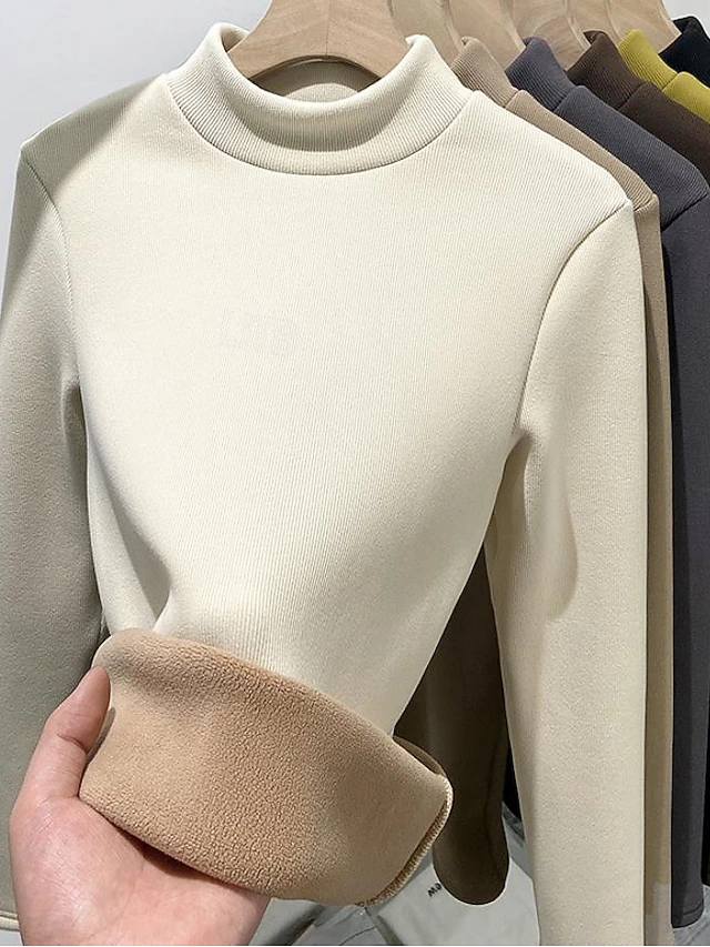 Women's Tunic Solid Color Casual Long Sleeve Turtleneck Regular Tops Daily Black Yellow Light Brown Brown off-white Fall Winter 8