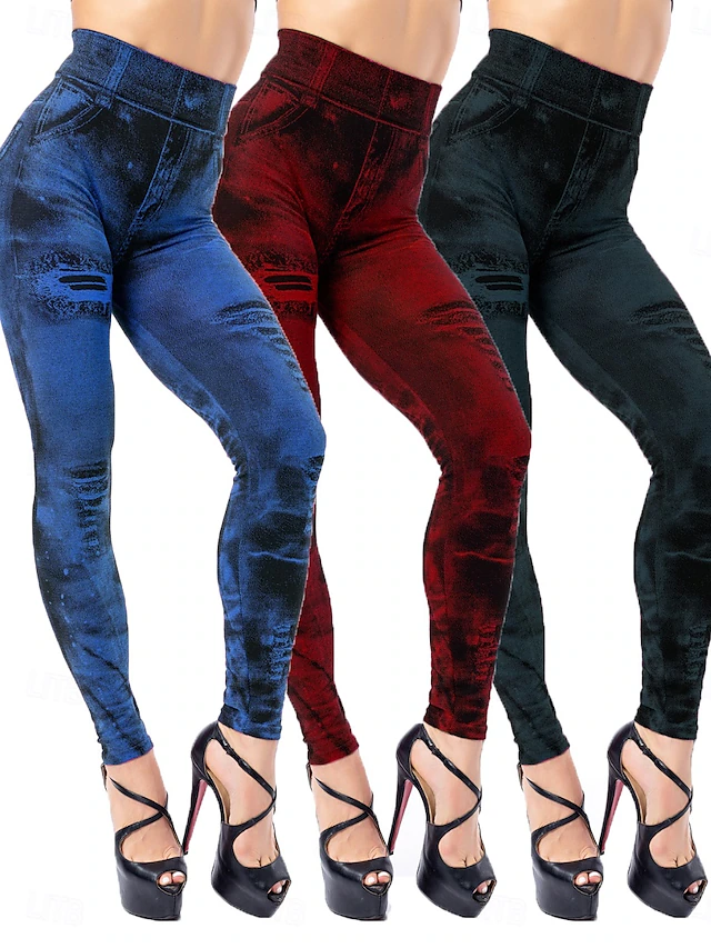 Women's Denim Look Leggings Oversize Jeggings Treggings Lined Elastic Jeans High Waist Skinny Trousers Stockings Soft Comfortable 8