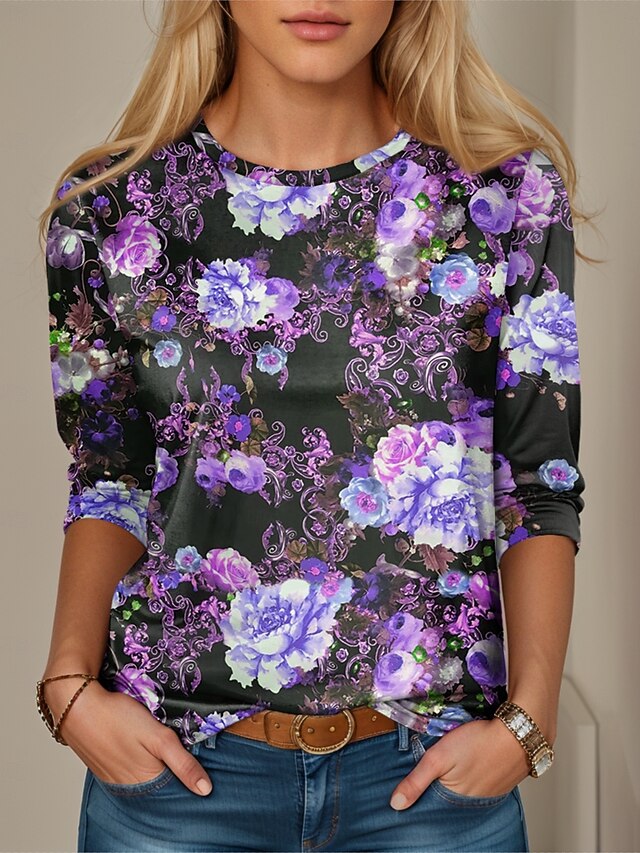 Women's T Shirt Floral Elegant Ladies Vacation Party Work Print Purple Spring Fall Winter4