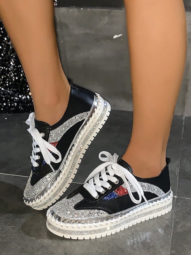  Women's Glitter-Accented Black Lace-Up Sneakers – Rhinestone Embellished, Colorful Casual Athletic Shoes for Fashionable Everyday Wear