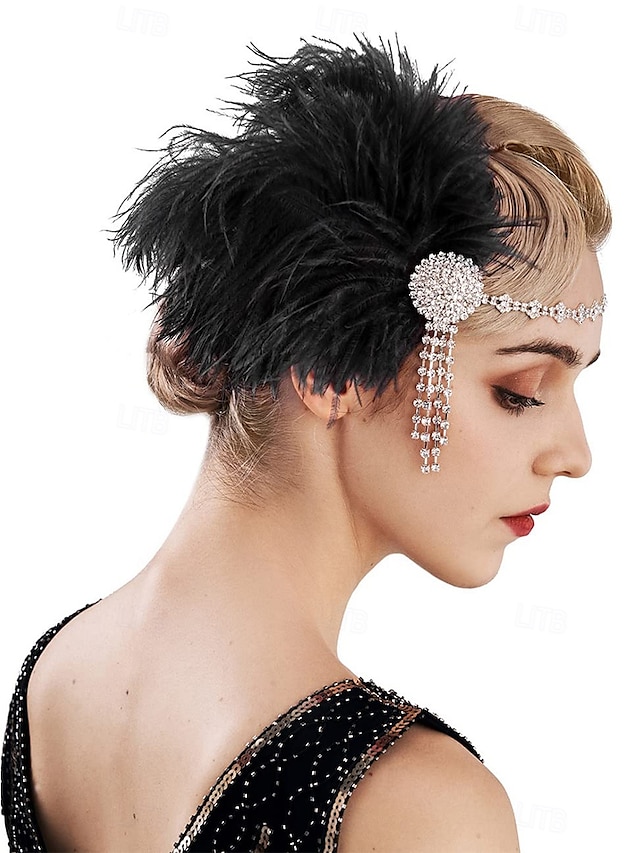  vintage 1920-tals pannband med svart fjäder – strass och kristall gatsby flapper huvudstycke för speciella tillfällen, kostymfester eller bröllop