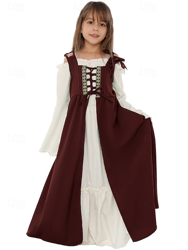  عتيق / معتق العصور الوسطى عصر النهضة فساتين قميص تبرج الفايكينج ايرلندية الجان ملابس تنكرية للفتيات سيلتك عيد الرعب مهرجان ماردي غرا مناسب للحفلات أداء LARP للأطفال فستان