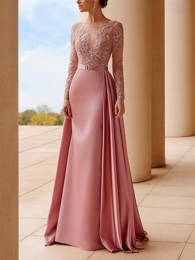  Abito a linea A per la madre della sposa elegante scollo a barca strascico della scia/brush lunghezza in satin elasticizzato maniche lunghe con s sash/ribbon e arricciature