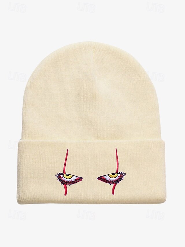  Horror Eye Embroidered Beanie Hat - Scary Halloween Knit Cap for Cosplay and Cold Weather