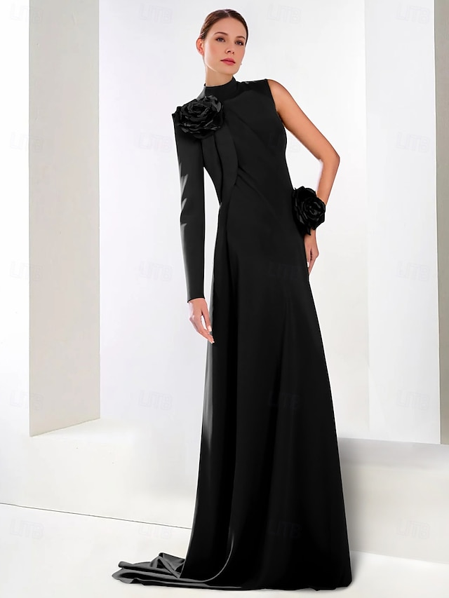  robe de soirée trapèze à cravate noire robe élégante formelle longueur au sol manches longues col haut crêpe extensible avec fleur à l'épaule 2025