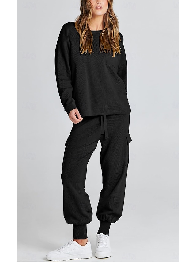  Damen Trainingsanzug Pullover Chinesisch Chino Hosenpullover Set Langarm Feste Farbe Schwarz Beige Frühling Lockere Passform