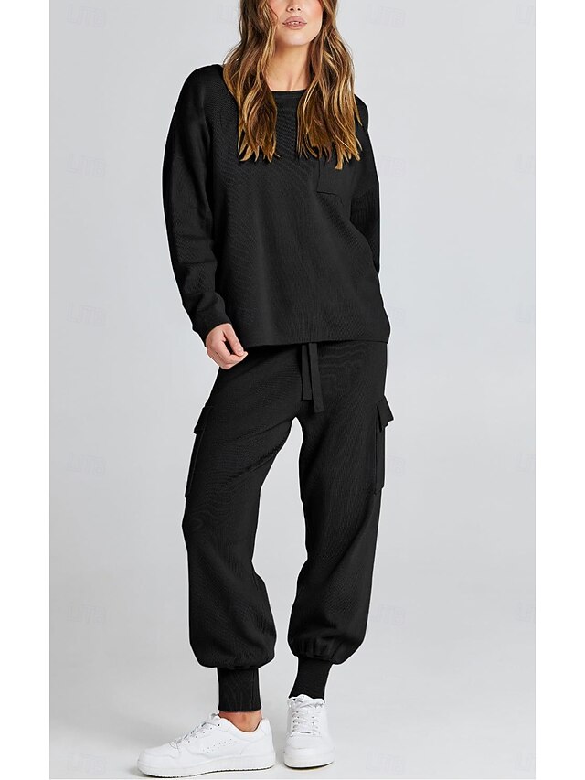 Women's Tracksuit Sweatshirt Chinos Trousers Sweater Set Long Sleeve Solid Color Black Beige Spring Loose Fit 6