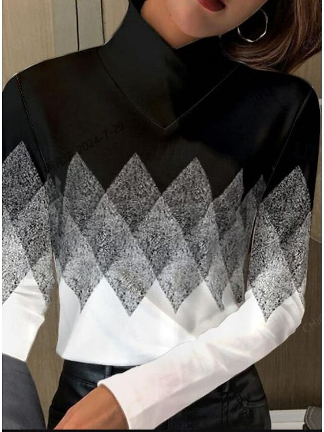  T-shirt tunica donne geometrica elegante maniche lunghe maniche a bolla asimmetrica quotidiana nero bianco rosa rosa polverosa autunno inverno