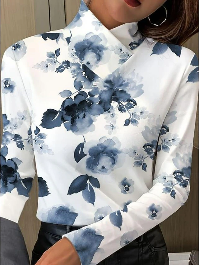 Women's Tunic T Shirt Floral Elegant Long Sleeve Bishop Sleeve Asymmetrical Daily White Fall Winter4