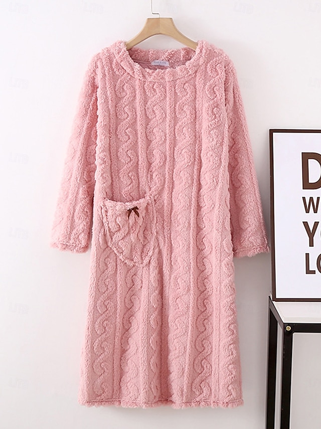  Damen-Schlafanzug-Nachthemd, reine Farbe, schlichter Komfort, bequemes Home-Fleece, Rundhalsausschnitt, Frühlings-/Herbst-Home-Outfits