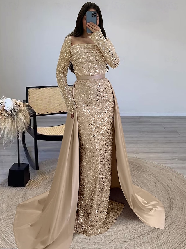  Schlauch Pailletten Abendkleid Elegantes Kleid Formelles Bodenlang Langarm Quadratischer Ausschnitt Champagner Mutter der Braut Kleid Maskeradenkleid 2025