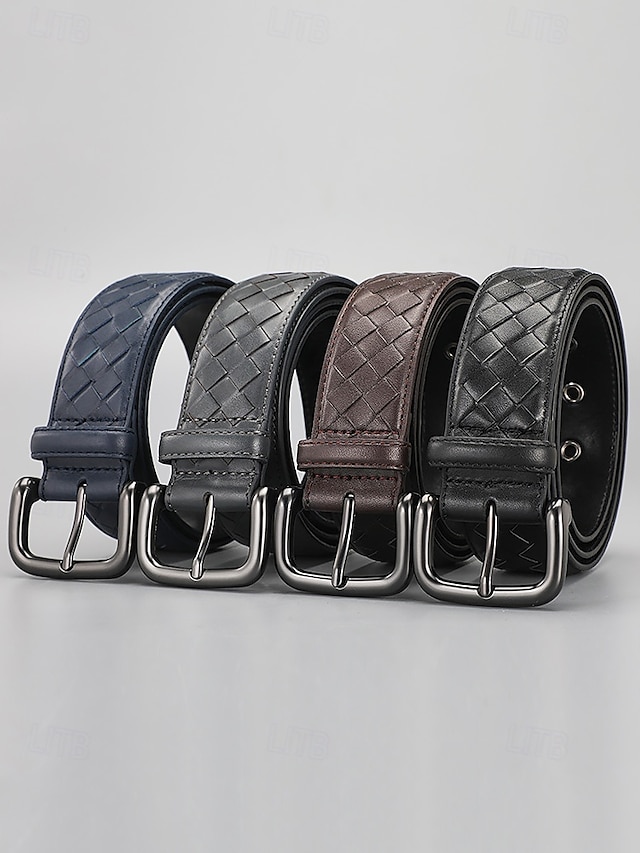  Men's Woven Leather Belt – Premium Buckle, Casual and Formal Wear, Available in Blue, Gray, Brown, Black