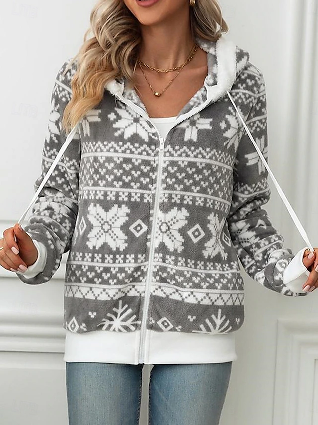 Women's Fleece Jacket Sherpa-Lined Hooded Full-Zip Winter Snowflake Print Grey and White Cozy Warm Casual Outerwear Multiple Sizes 7