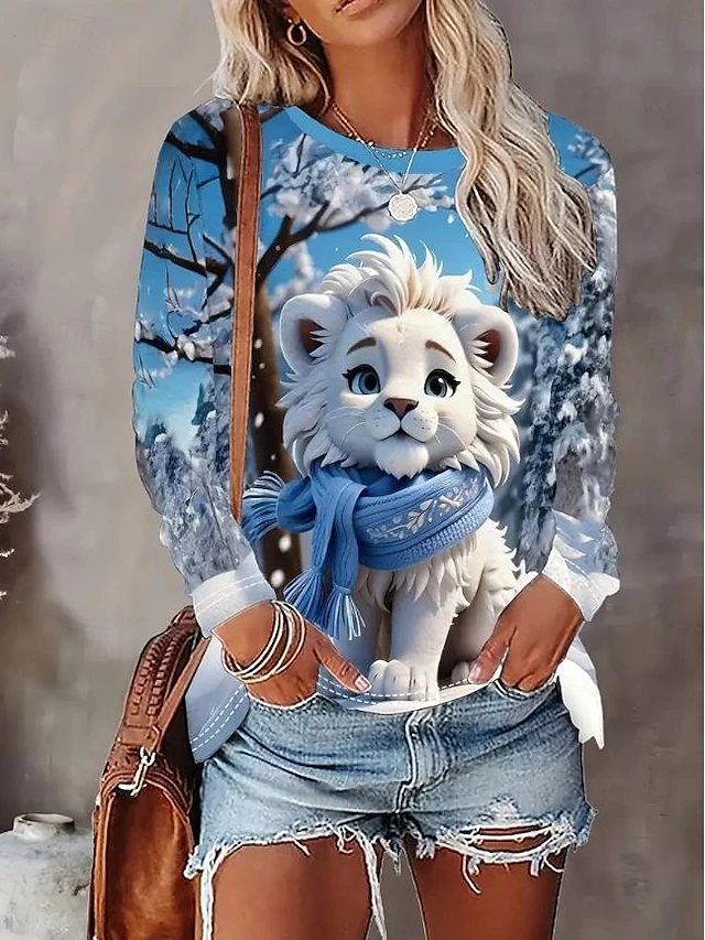 Women's T shirt Crew Neck Long Sleeve Tunic Pullover Winter Lion Cub Print Casual Tops Soft Comfortable Wear Daily Outings Blue White Gray Regular Fit4