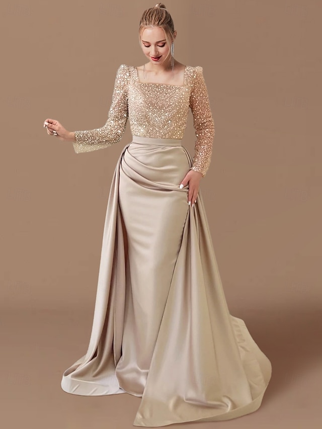  Meerjungfrau Abendkleid Elegantes Kleid Formelles Bodenk Länge Langarm Illusion-Ausschnitt Champagner Mutter der Braut Kleid Pailletten mit Perlen Überrock 2025