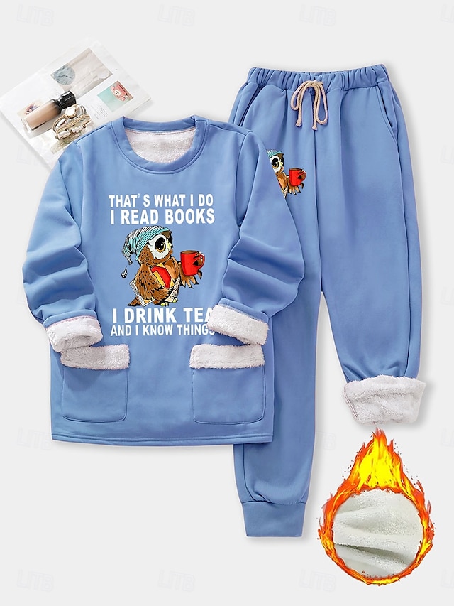  Kvinnors 2 delar Fluffig Pyjamadress Lång ärm Topp och Byxa Text Tryck Komfort Casual Hemma Kläder Dragsko Solid Cozy Vinter