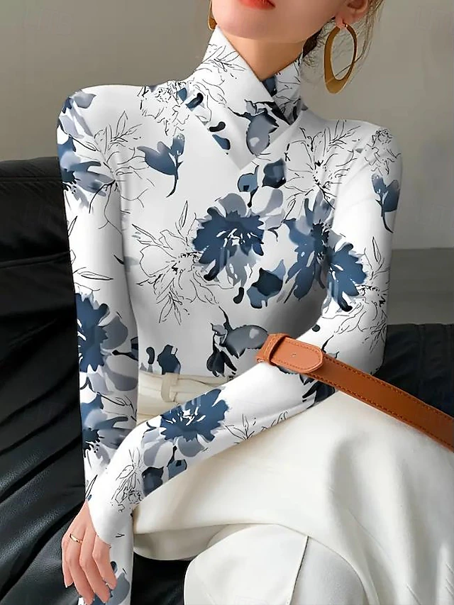 Women's Tunic T Shirt Elegant Long Sleeve Long Tops Daily Blue Fall Winter 5