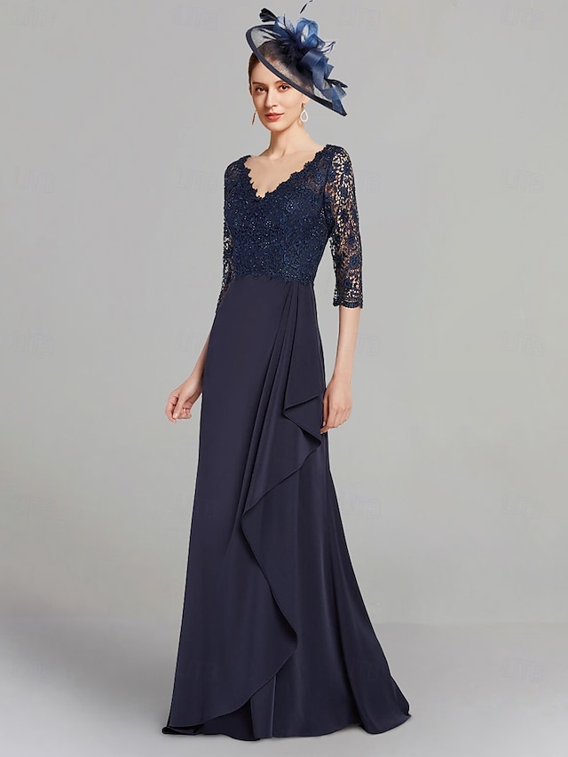  A-Line Mother of the Bride Dress Elegant V Neck Floor Length Stretch Chiffon 3/4 Length Sleeve with Lace Pleats free custom size