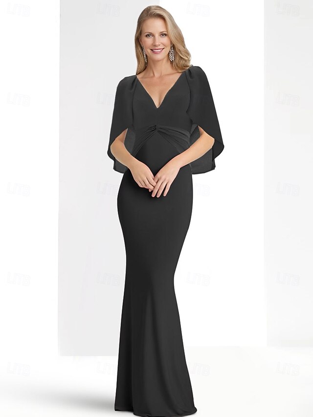 Sheath Evening Gown Elegant Dress Formal Fall Floor Length Short Sleeve V Neck Stretch Chiffon with Ruched Ruffles 9