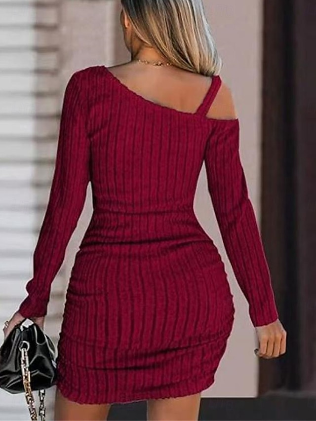  Women's Casual Dress Mini Dress Patchwork Cold Shoulder Casual One Shoulder Long Sleeve Black White Wine Color