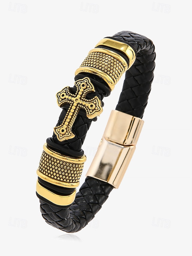  brățară în cruce pentru bărbați cu accente de aur și argint și închidere magnetică – brățară împletită elegantă pentru ținute casual și religioase