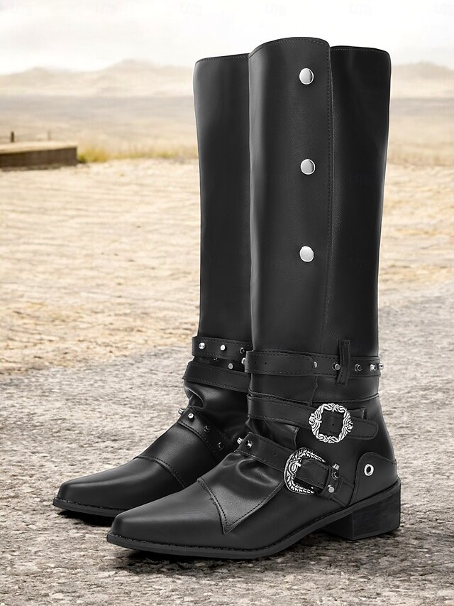 Women's Black Knee-High Boots with Buckle Straps and Studded Detailing – Gothic Style Motorcycle Boots for Casual and Party Wear 10
