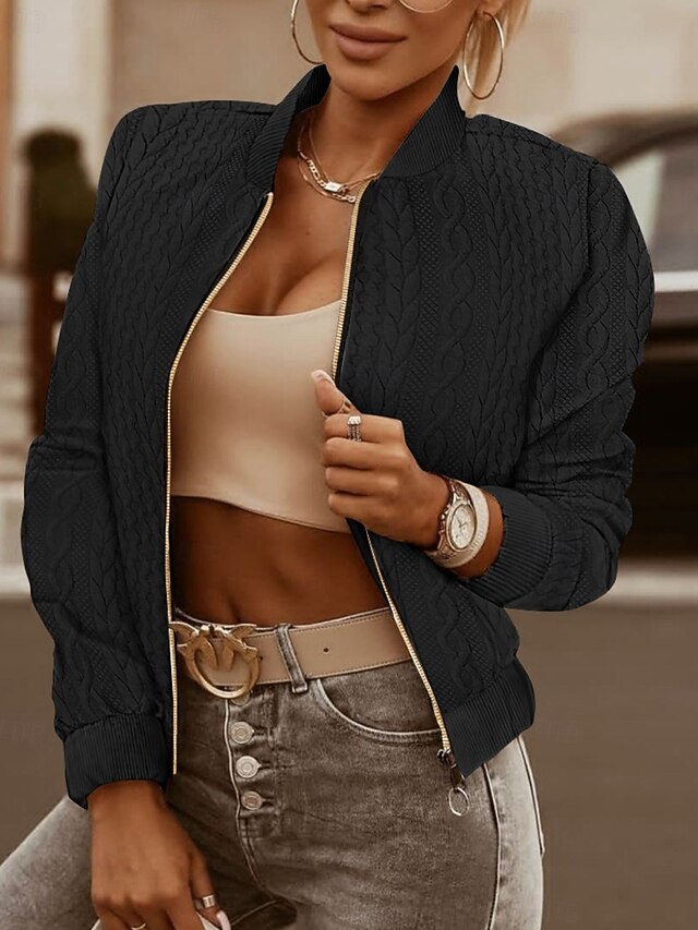 Women's Jacket Office Zipper Casual / Daily Vintage Outerwear Long Sleeve Spring Black S3